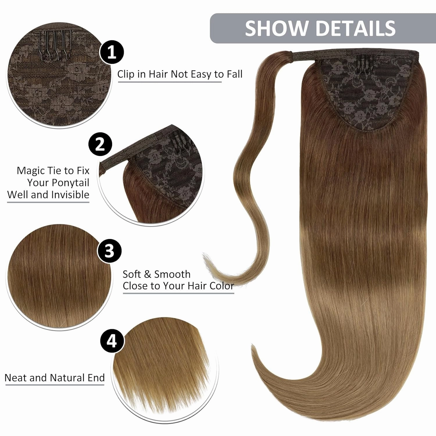 Caliee 22Inch Ponytail Hair Extension Clip on Ponytail Extension Human Hair with Magic Thick Silky Long Straight Ombre Ponytail Hairpiece 90G T(M3-8)-8 Darker Brown Mix Light Brown to Light Brown