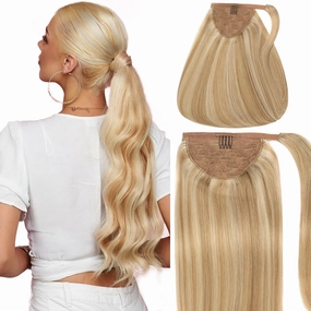 Caliee Blonde Ponytail Extensions Human Hair 22Inch Wrap Around Ponytail Hair Extensions Straight P12/60A Piano Color Golden Brown Mix Platinum Blonde 90G Clip on Real Hair Long Pony Tail One Piece