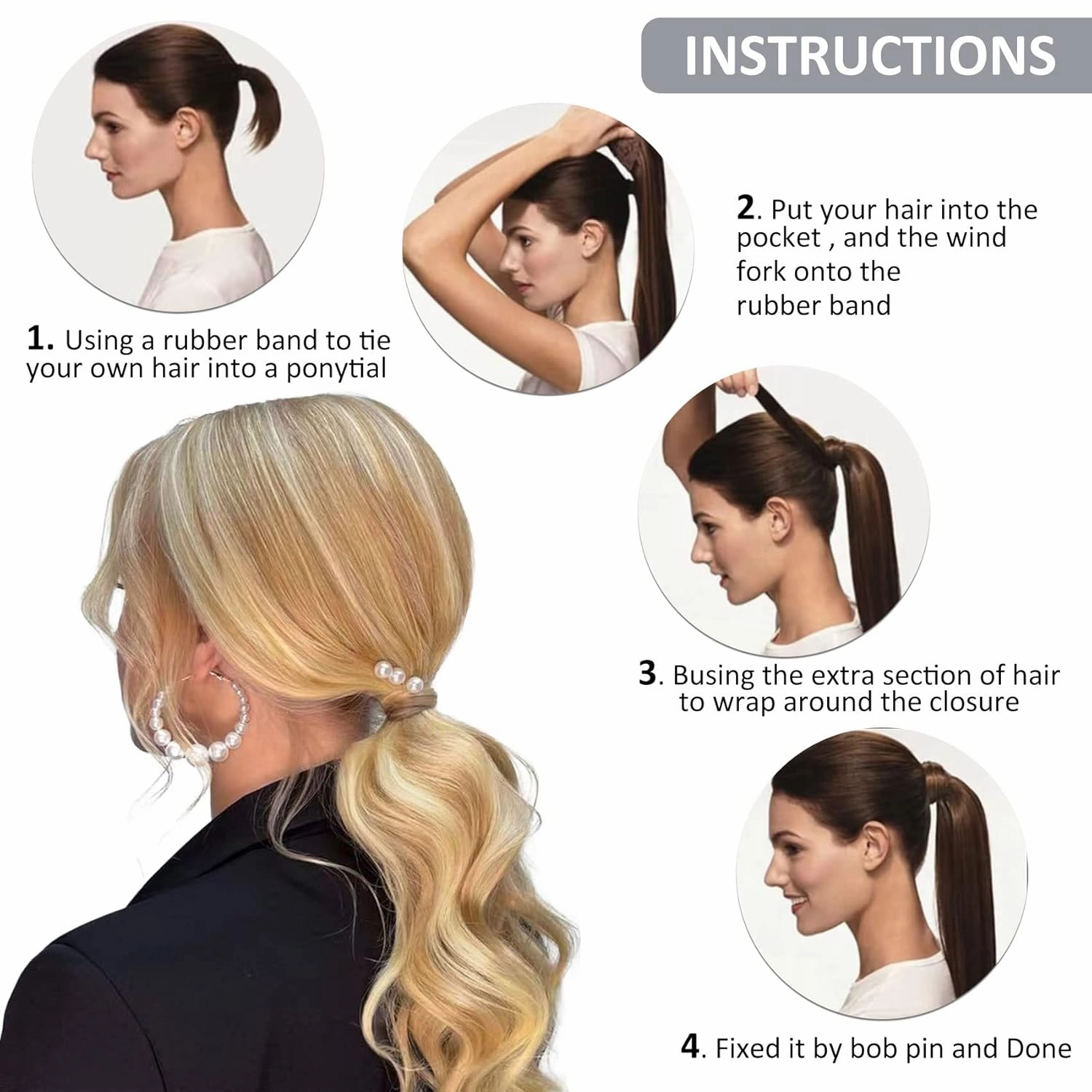 Caliee Blonde Ponytail Extensions Human Hair 22Inch Wrap Around Ponytail Hair Extensions Straight P12/60A Piano Color Golden Brown Mix Platinum Blonde 90G Clip on Real Hair Long Pony Tail One Piece