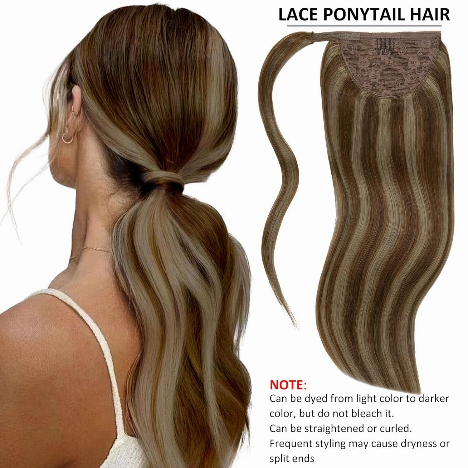Caliee Human Hair Ponytail Extensions Wrap Around Ponytail Real Hair Color P4/8 Medium Brown Mix Light Brown Highlight Long Straight Clip on Ponytail Hair Piece with Comb for Women 22 Inch 90G