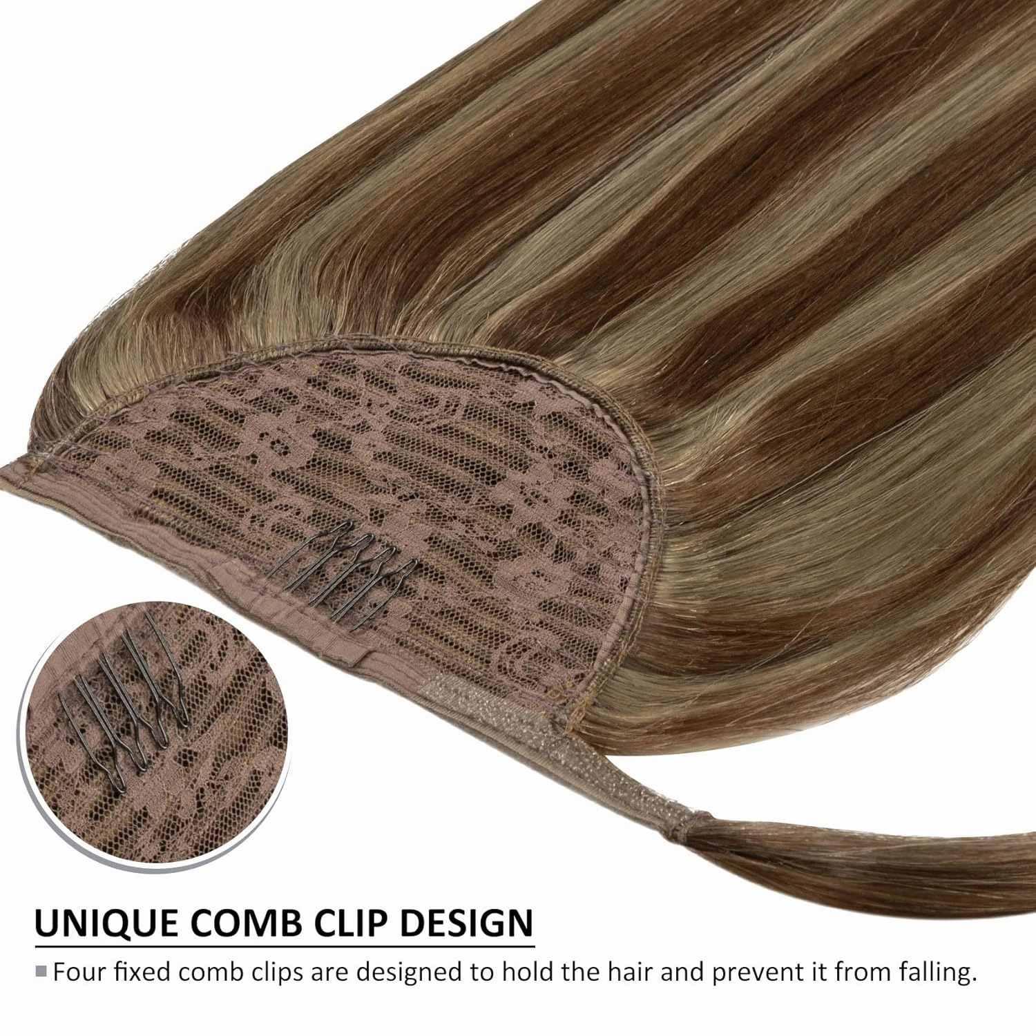 Caliee Human Hair Ponytail Extensions Wrap Around Ponytail Real Hair Color P4/8 Medium Brown Mix Light Brown Highlight Long Straight Clip on Ponytail Hair Piece with Comb for Women 22 Inch 90G