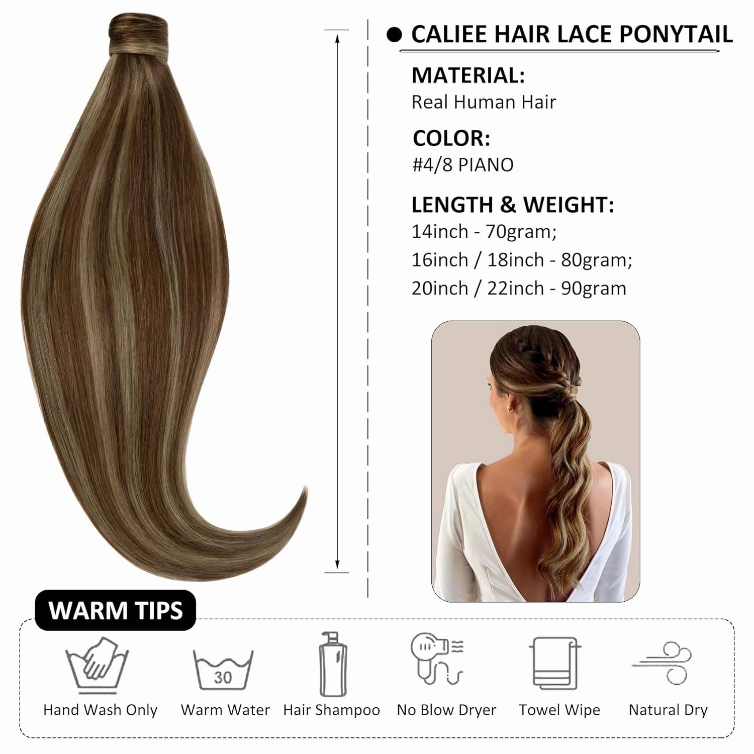 Caliee Human Hair Ponytail Extensions Wrap Around Ponytail Real Hair Color P4/8 Medium Brown Mix Light Brown Highlight Long Straight Clip on Ponytail Hair Piece with Comb for Women 22 Inch 90G