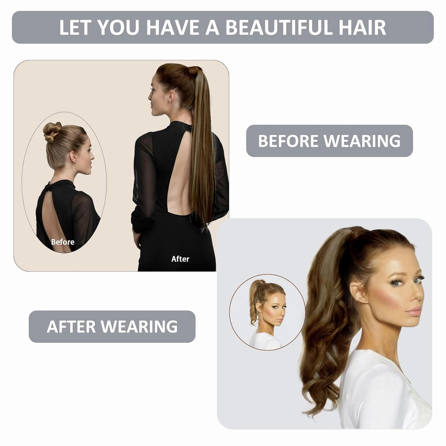 Caliee Human Hair Ponytail Extensions Wrap Around Ponytail Real Hair Color P4/8 Medium Brown Mix Light Brown Highlight Long Straight Clip on Ponytail Hair Piece with Comb for Women 22 Inch 90G