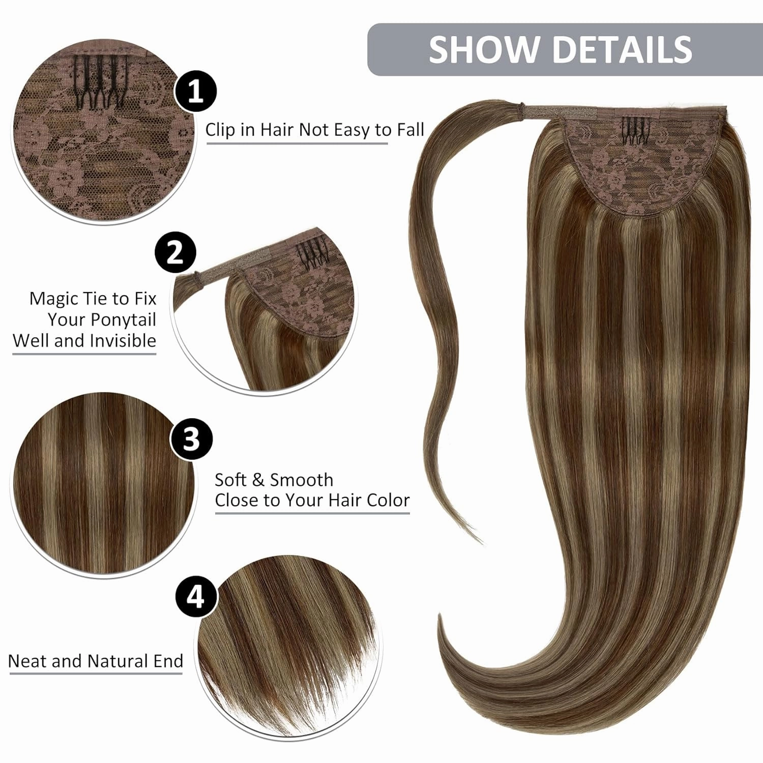 Caliee Human Hair Ponytail Extensions Wrap Around Ponytail Real Hair Color P4/8 Medium Brown Mix Light Brown Highlight Long Straight Clip on Ponytail Hair Piece with Comb for Women 22 Inch 90G