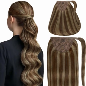 Caliee Human Hair Ponytail Extensions Wrap Around Ponytail Real Hair Color P4/8 Medium Brown Mix Light Brown Highlight Long Straight Clip on Ponytail Hair Piece with Comb for Women 22 Inch 90G