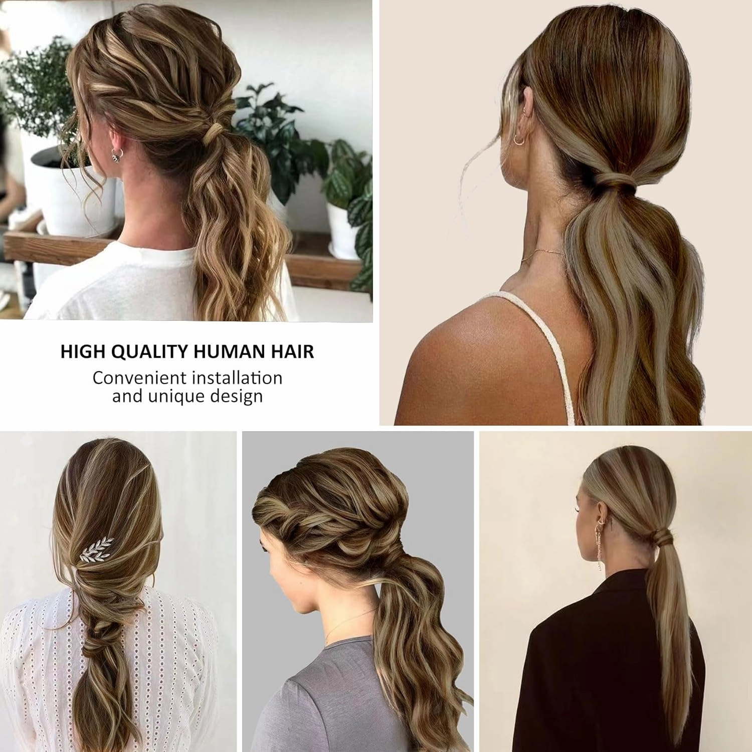 Caliee Human Hair Ponytail Extensions Wrap Around Ponytail Real Hair Color P4/8 Medium Brown Mix Light Brown Highlight Long Straight Clip on Ponytail Hair Piece with Comb for Women 22 Inch 90G