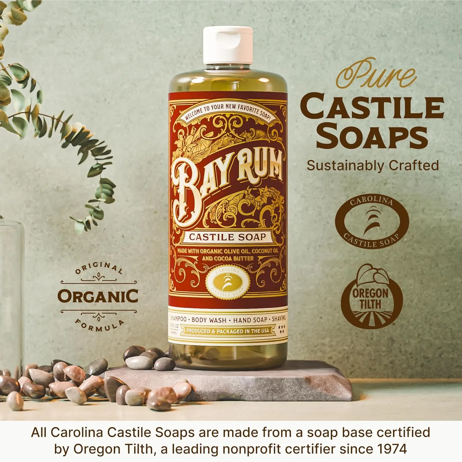 Carolina Castile Soap Bay Rum Scent – Certified Organic Base, High Olive Oil Content, Non-Drying, Made with Organic Oils, Concentrated Natural Body Wash for Men and Women (Bay Rum, 32 Fl Oz)