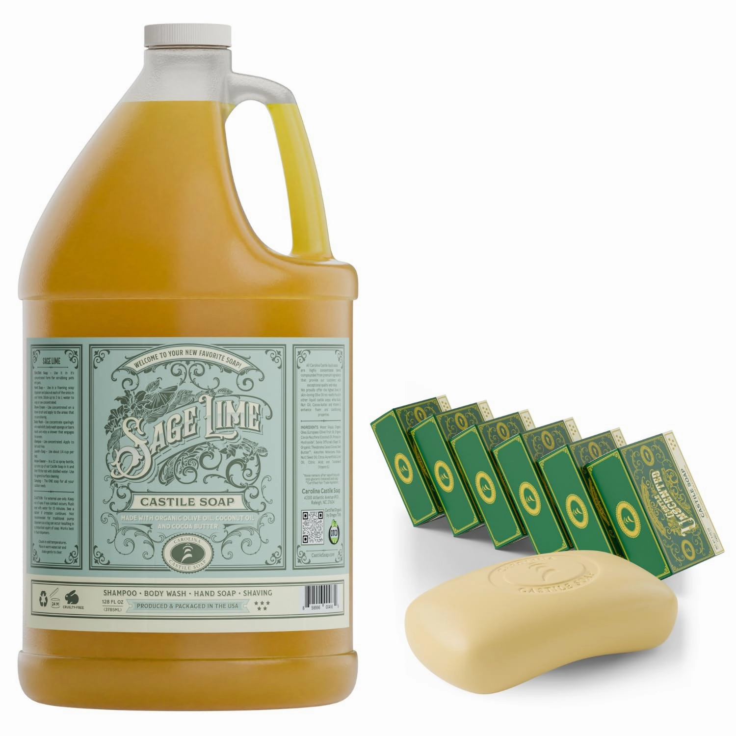 Carolina Sage Lime Castile Soap Liquid & Vegan Unscented Bar Soap - Skin-Softening Olive Oil Soap Organic Body Wash - Gentle, Hydrating Castile Soap Bars with Organic Cocoa Butter and Olive Oil