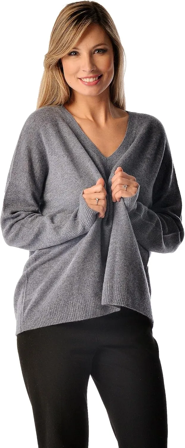 Cashmere Boutique 100% Pure Cashmere Pullover Boyfriend V Neck Sweaters for Women – Loose Fit, Long Sleeve and Classic Style