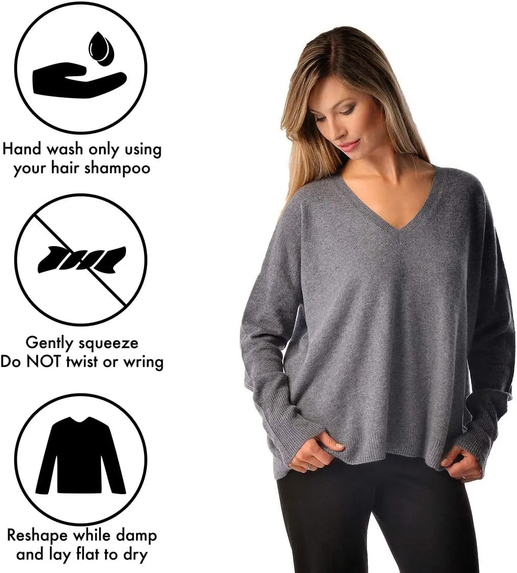 Cashmere Boutique 100% Pure Cashmere Pullover Boyfriend V Neck Sweaters for Women – Loose Fit, Long Sleeve and Classic Style