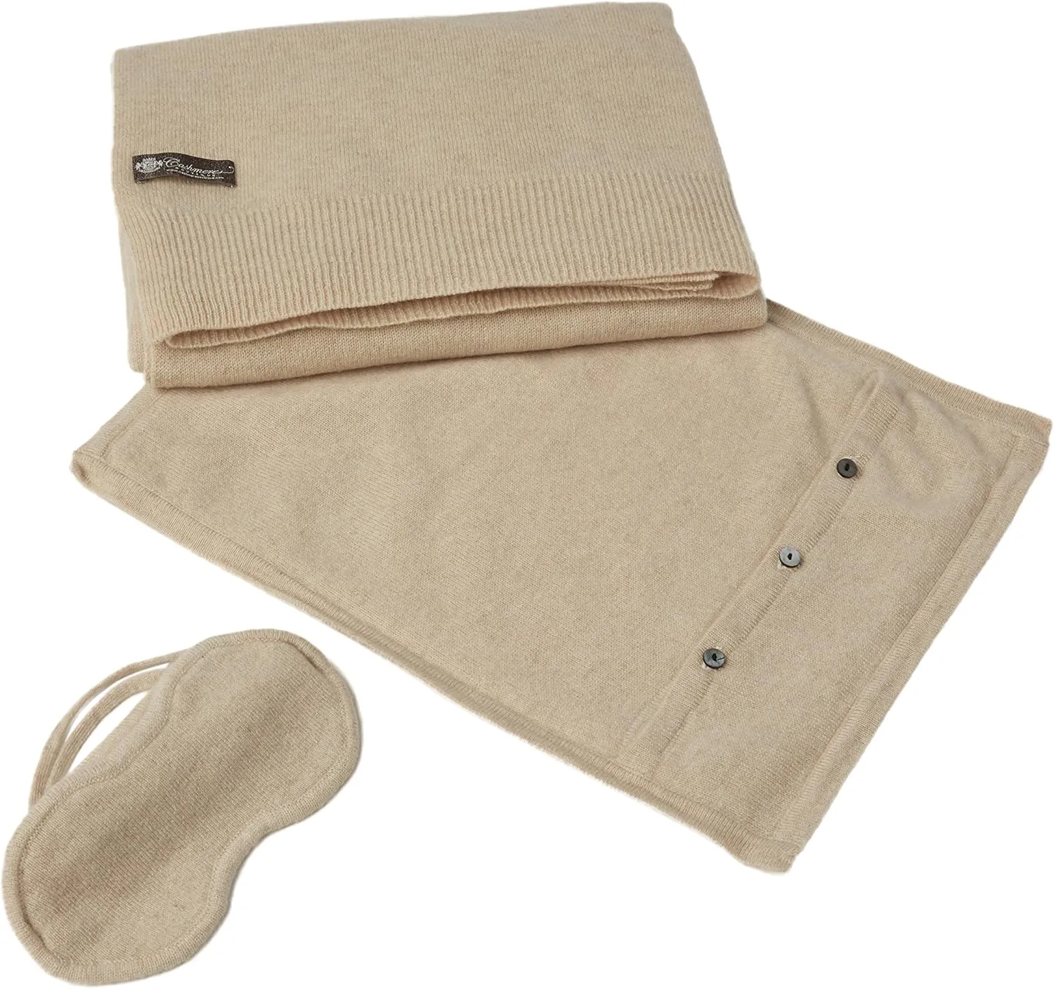 Cashmere Boutique 100% Pure Cashmere Travel Throw Set – Includes 3-in-1 Travel Blanket, Eye Mask, and Pillow Case - One Size