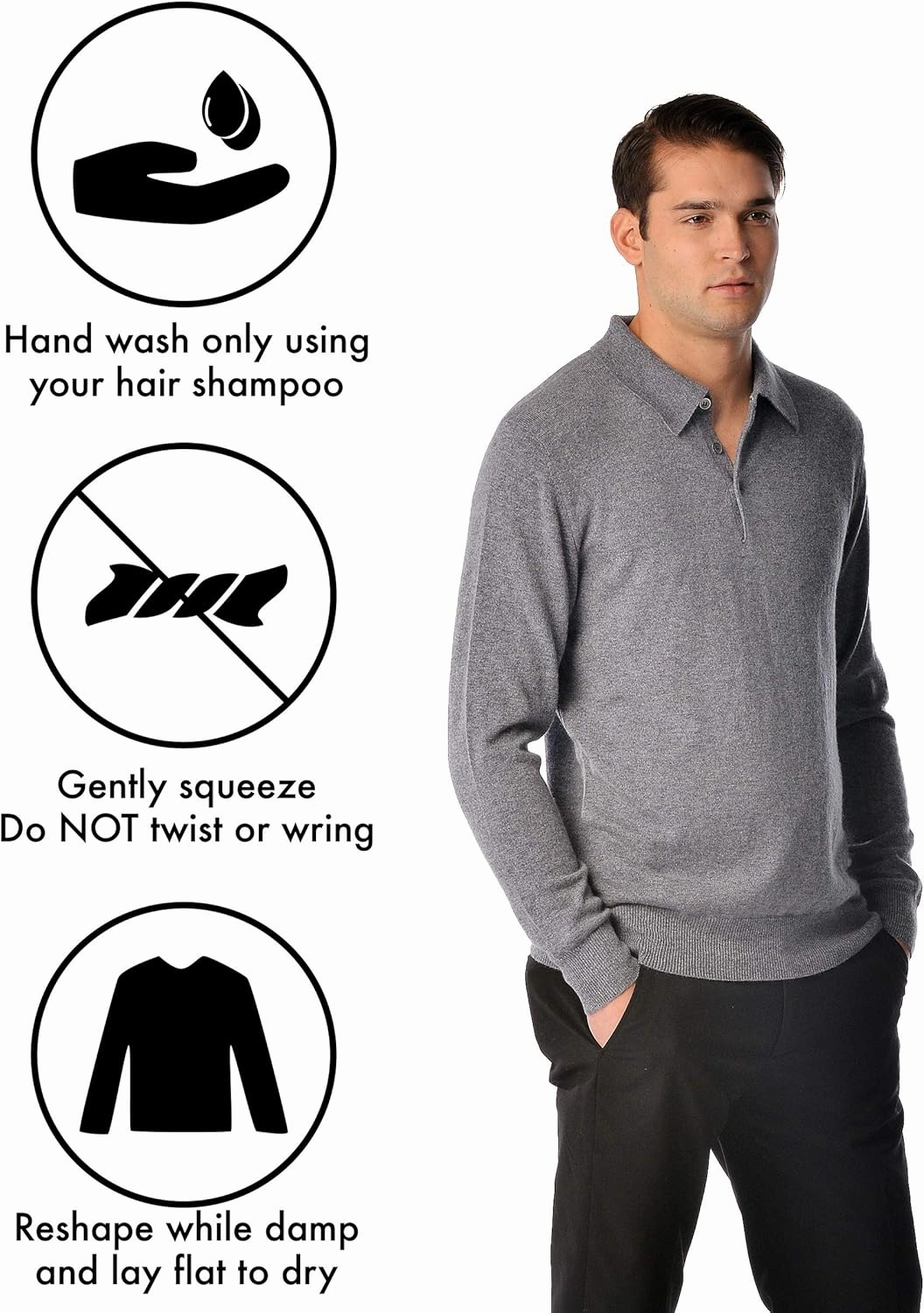 Cashmere Boutique 100% Pure Cashmere Polo Pullover Sweater for Men – Polo Neck, Long Sleeve, Lightweight, Soft & Warm Sweater