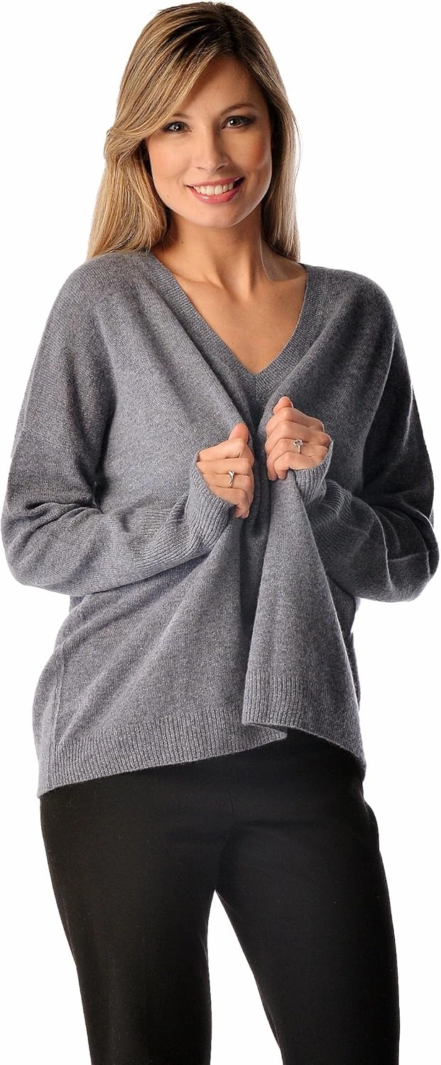 Cashmere Boutique 100% Pure Cashmere Pullover Boyfriend V Neck Sweaters for Women – Loose Fit, Long Sleeve and Classic Style