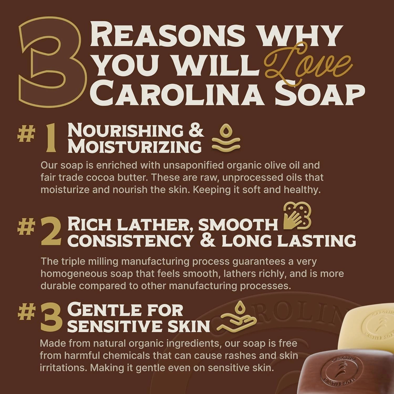 Castile Unscented Bar Soap – 6 Natural Soap Bars for Men, Women, and Kids – EWG Verified with raw Organic Cocoa Butter and Olive Oil by Carolina Castile, 5 oz Each