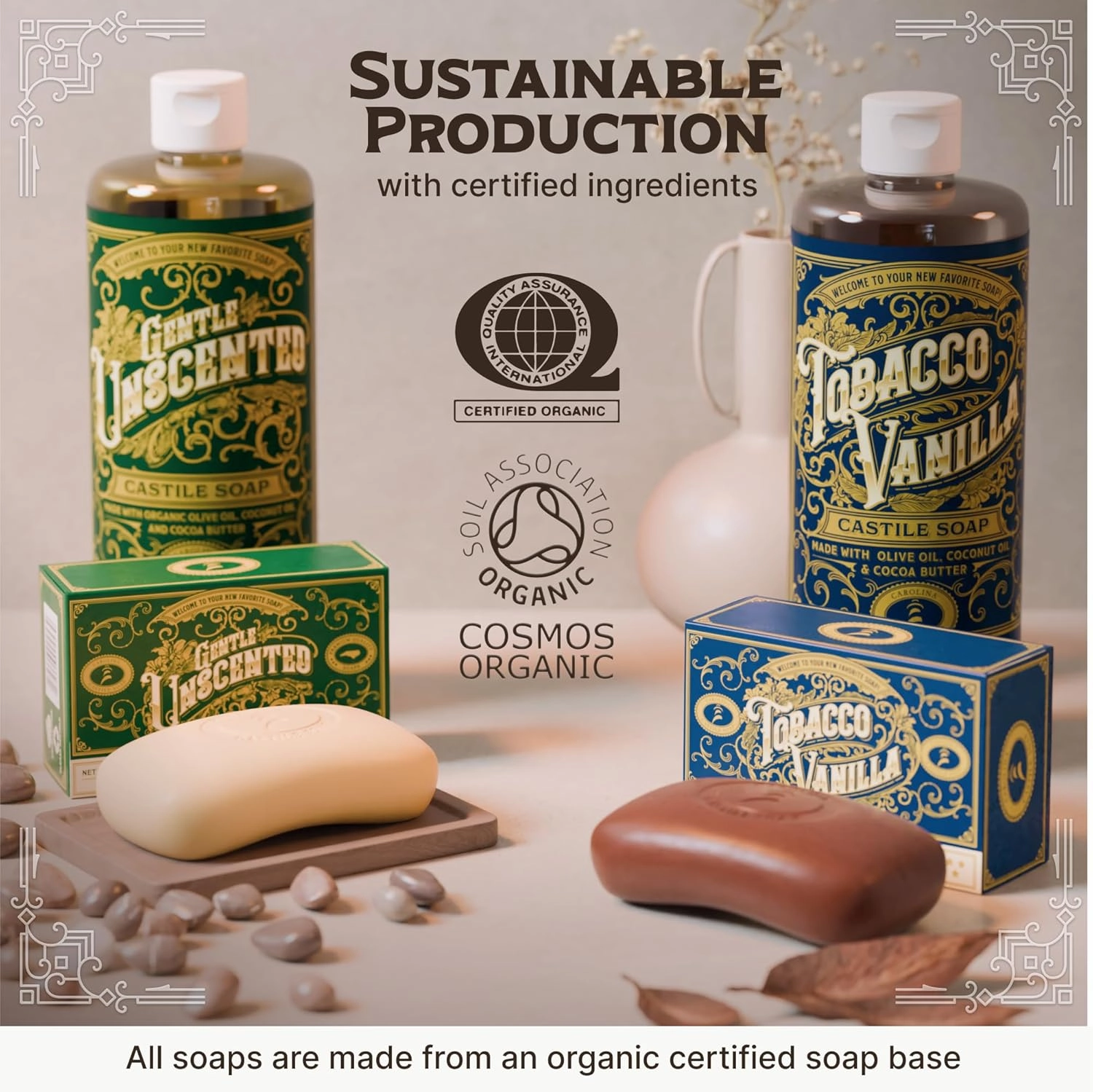Castile Unscented Bar Soap – 6 Natural Soap Bars for Men, Women, and Kids – EWG Verified with raw Organic Cocoa Butter and Olive Oil by Carolina Castile, 5 oz Each