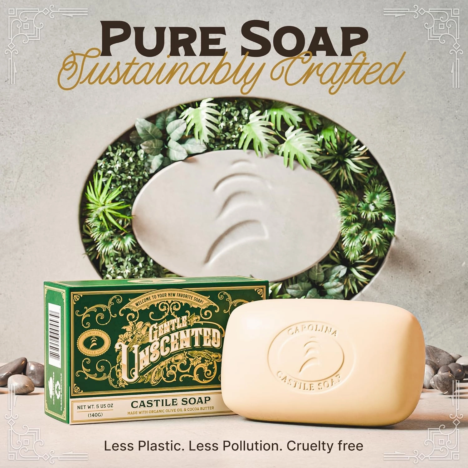 Castile Unscented Bar Soap – 6 Natural Soap Bars for Men, Women, and Kids – EWG Verified with raw Organic Cocoa Butter and Olive Oil by Carolina Castile, 5 oz Each