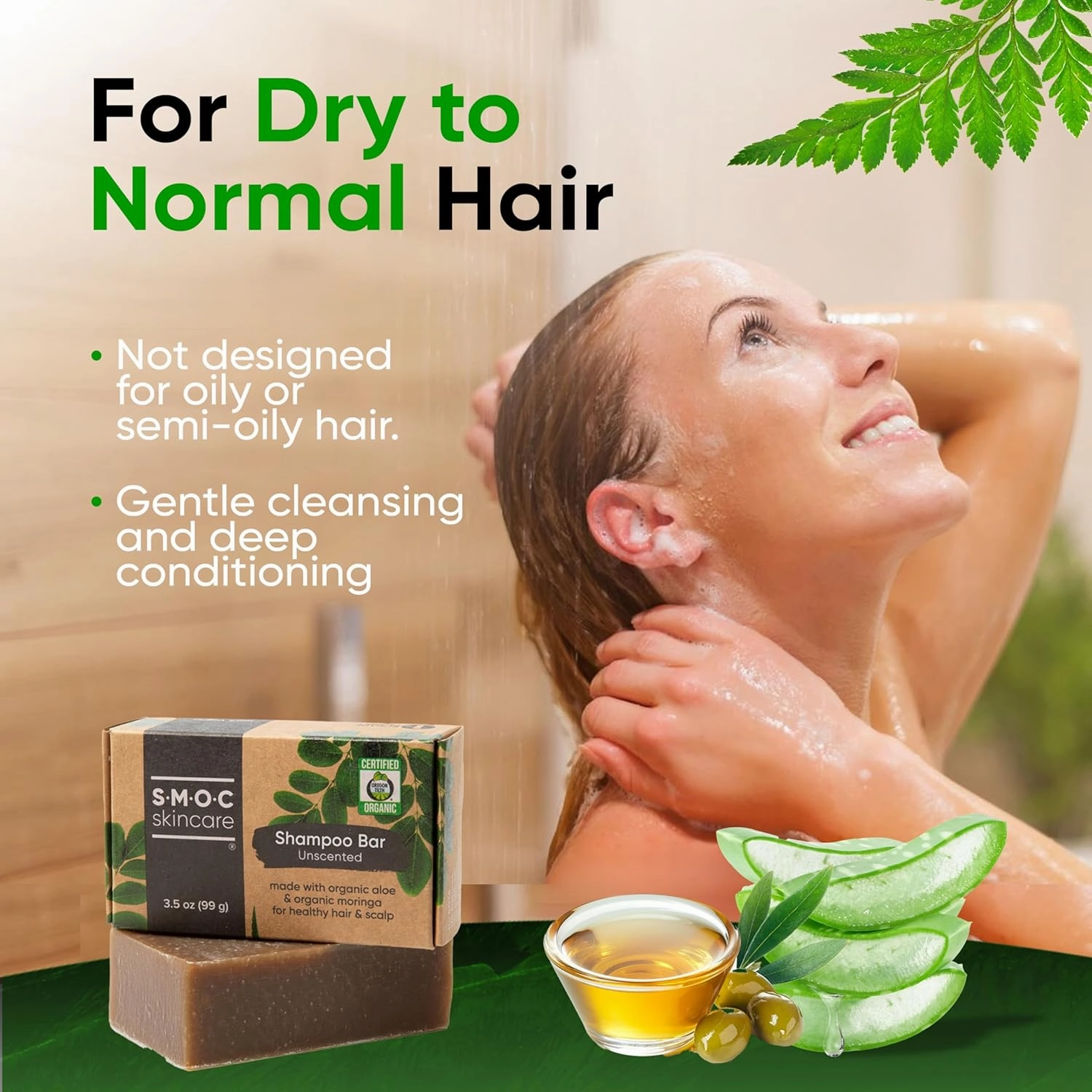 Certified Organic Shampoo Bar for Dry to Normal Hair - Unscented with Moringa & Rosemary for Hair Growth - Gentle Cleanse & Deep Moisturizing - Only Organic, Food-Grade Ingredients (1)