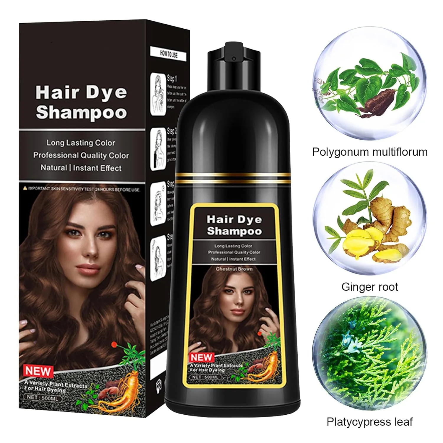 Chestnut Brown Hair Dye Shampoo 3 in 1, Instant Hair Color Shampoo for Men & Women, Herbal Brown Hair Shampoo Colors Hair in Minutes 17.6 FL OZ