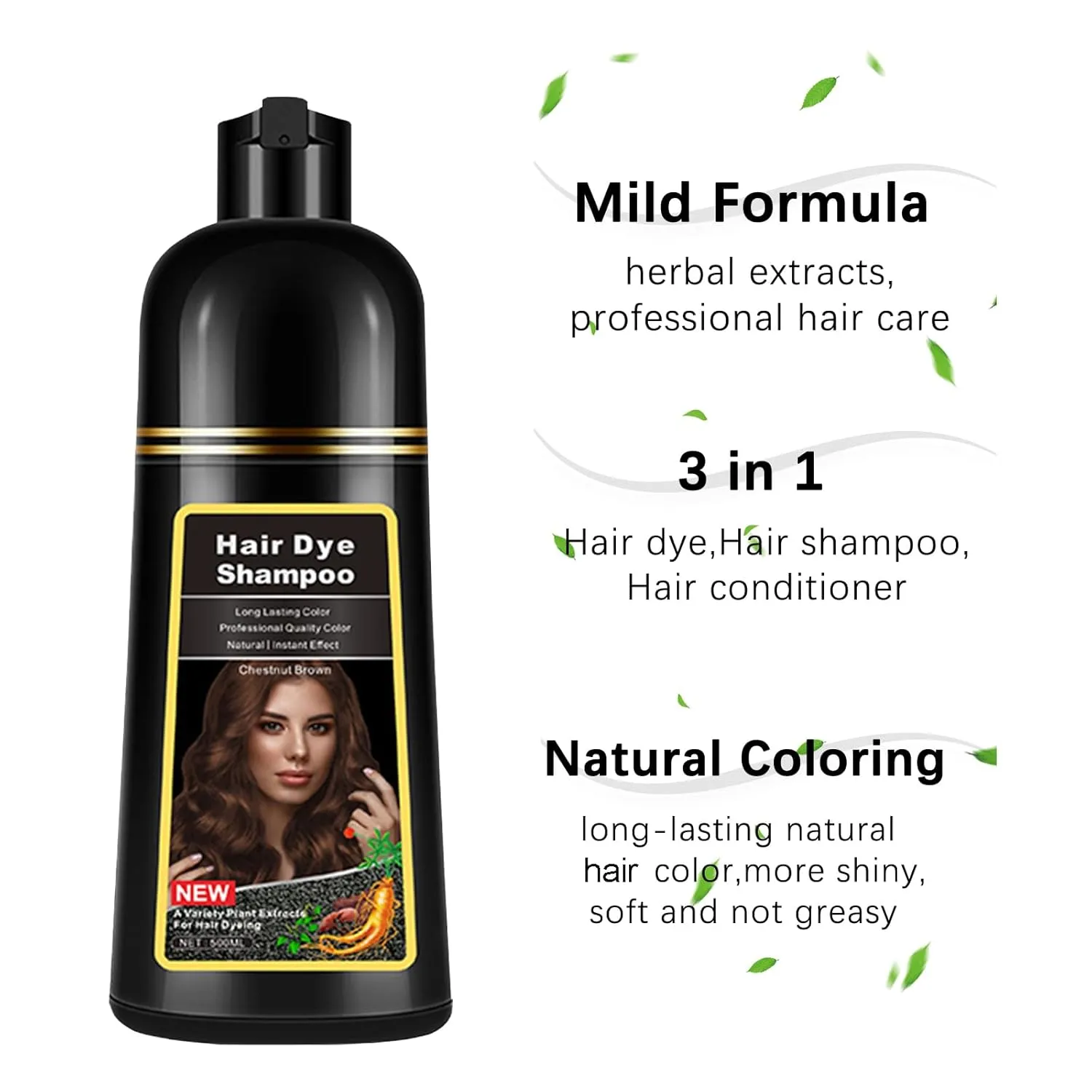 Chestnut Brown Hair Dye Shampoo 3 in 1, Instant Hair Color Shampoo for Men & Women, Herbal Brown Hair Shampoo Colors Hair in Minutes 17.6 FL OZ