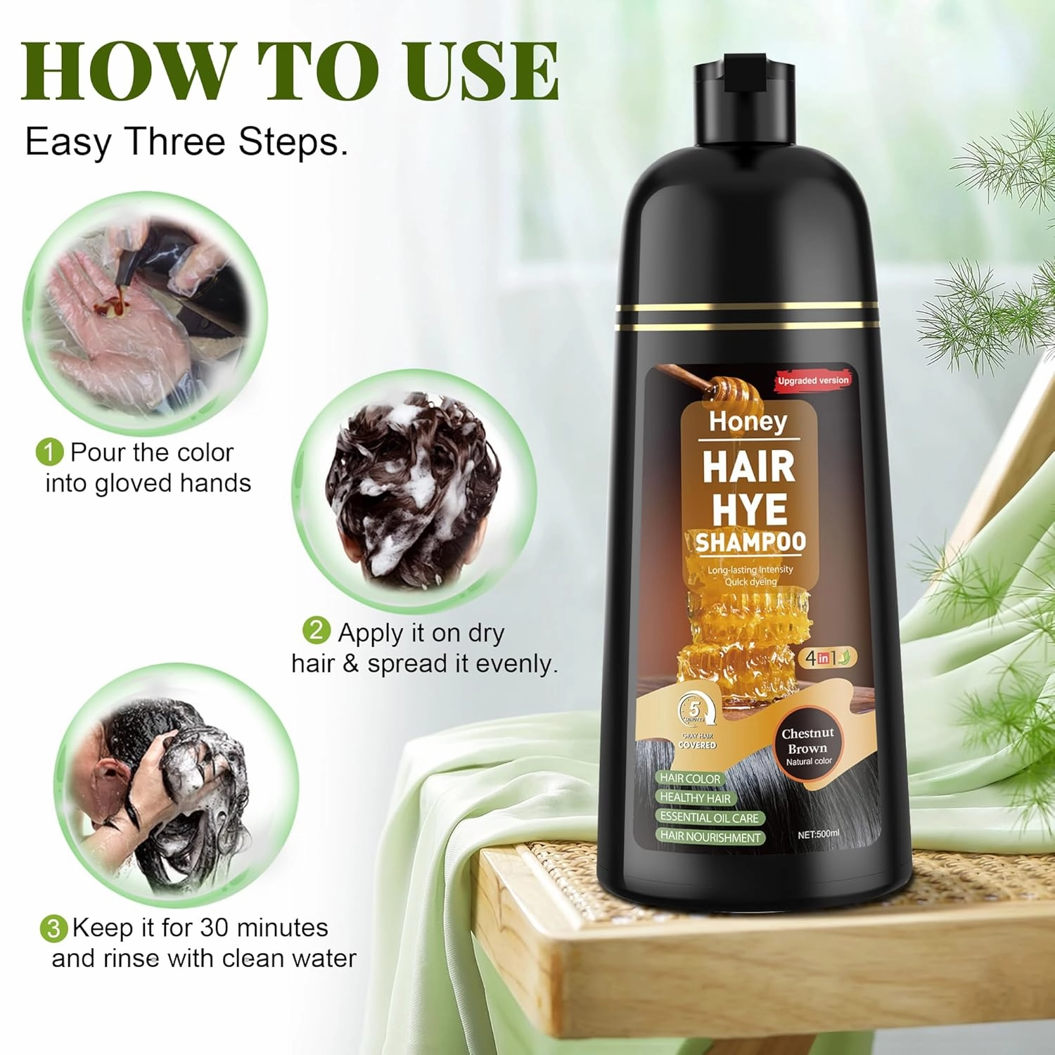 Chestnut Brown Hair Dye Shampoo 3 in 1 for Women & Men 100% Gray Hair Coverage - Herbal Ingredients Natural Plant Hair Color - Hair Dye in Minutes 17.6 Fl Oz