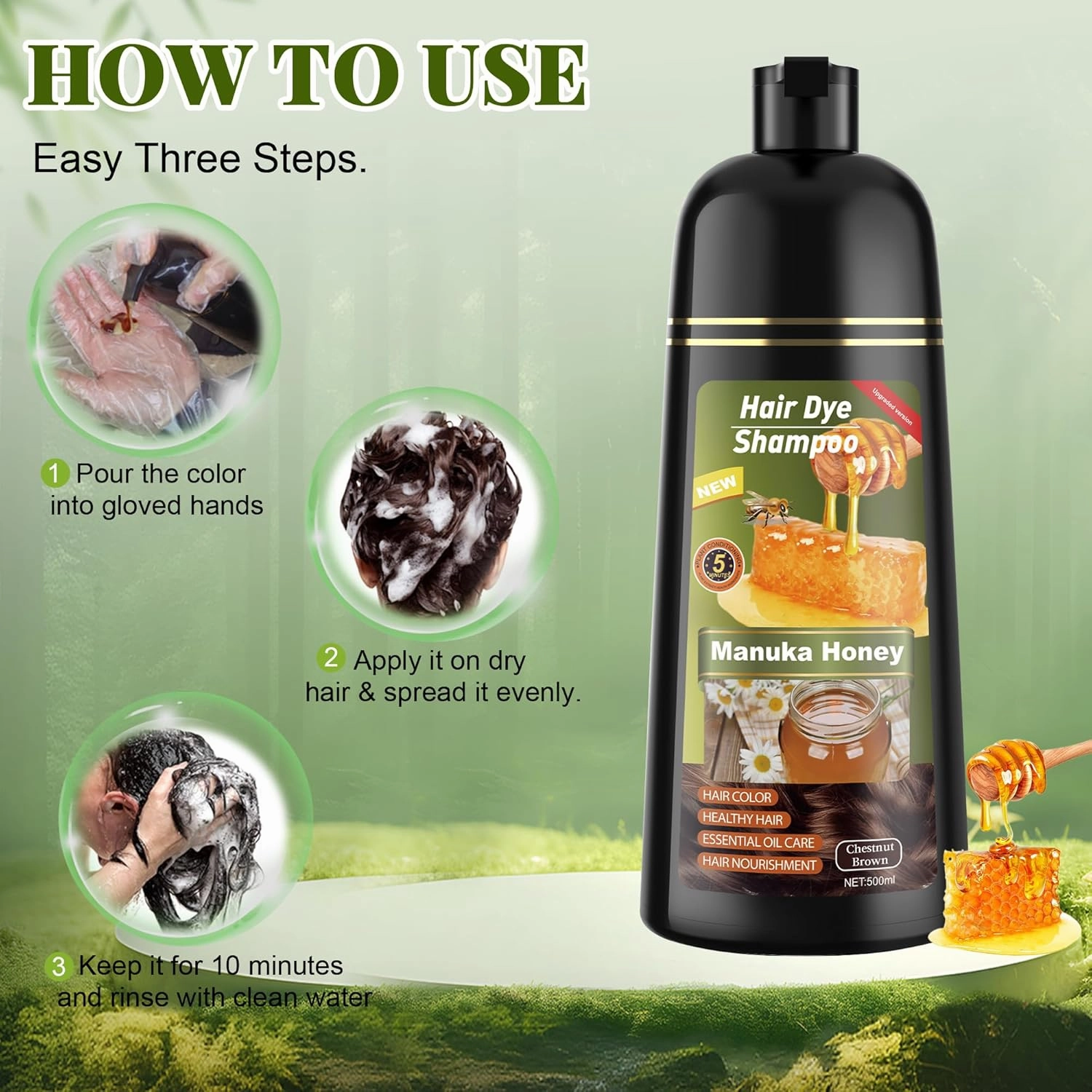 Chestnut Brown Hair Dye Shampoo 3 in 1 for Women & Men 100% Gray Hair Coverage - Herbal Ingredients Natural Plant Hair Color - Hair Dye in Minutes 500ML