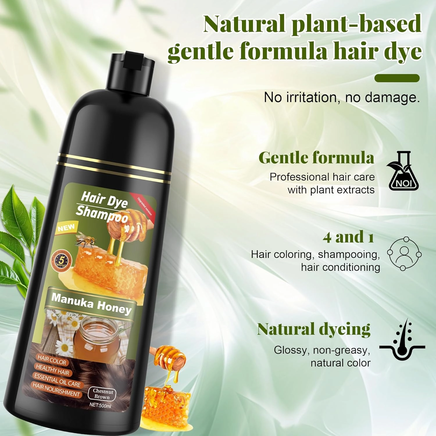 Chestnut Brown Hair Dye Shampoo 3 in 1 for Women & Men 100% Gray Hair Coverage - Herbal Ingredients Natural Plant Hair Color - Hair Dye in Minutes 500ML