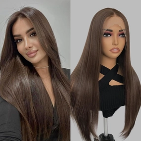 Chocolate Brown Synthetic Lace Front Wigs 26inch Middle Part Straight Wig Glueless Premium Fiber Realistic Look Like Human Hair Natural Density 13x4 Lace Frontal Wigs for Women