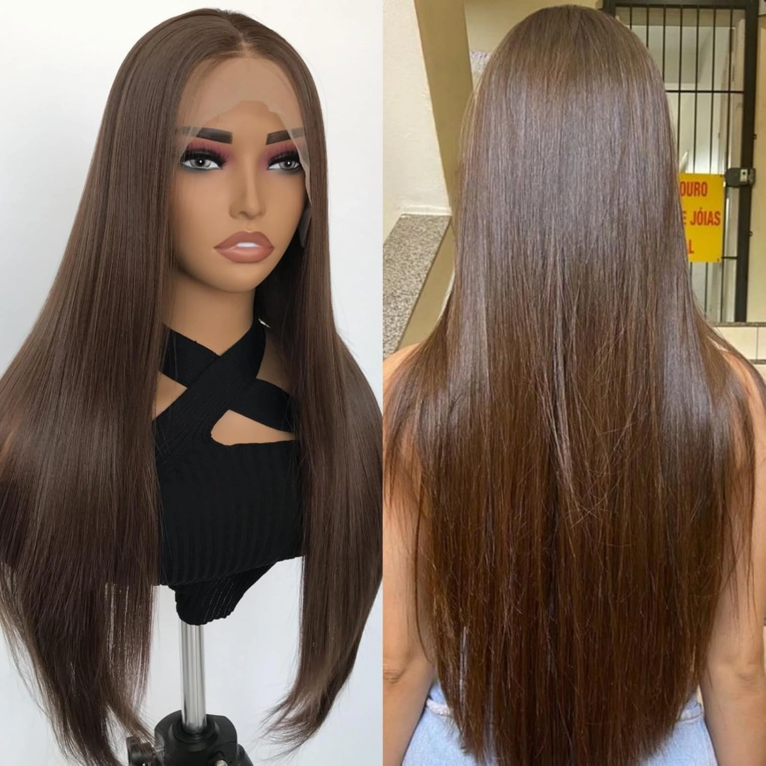 Chocolate Brown Synthetic Lace Front Wigs 26inch Middle Part Straight Wig Glueless Premium Fiber Realistic Look Like Human Hair Natural Density 13x4 Lace Frontal Wigs for Women