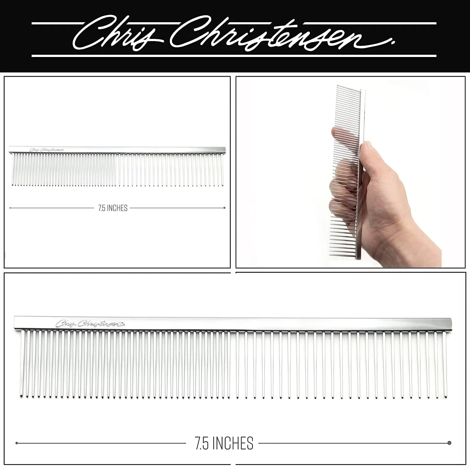 Chris Christensen 000 7.5 in. Greyhound Style Fine/Coarse Colored Butter Comb, Groom Like a Professional, Rounded Corners Prevent Friction and Breakage, Solid Brass with Steel Teeth, Chrome Finish