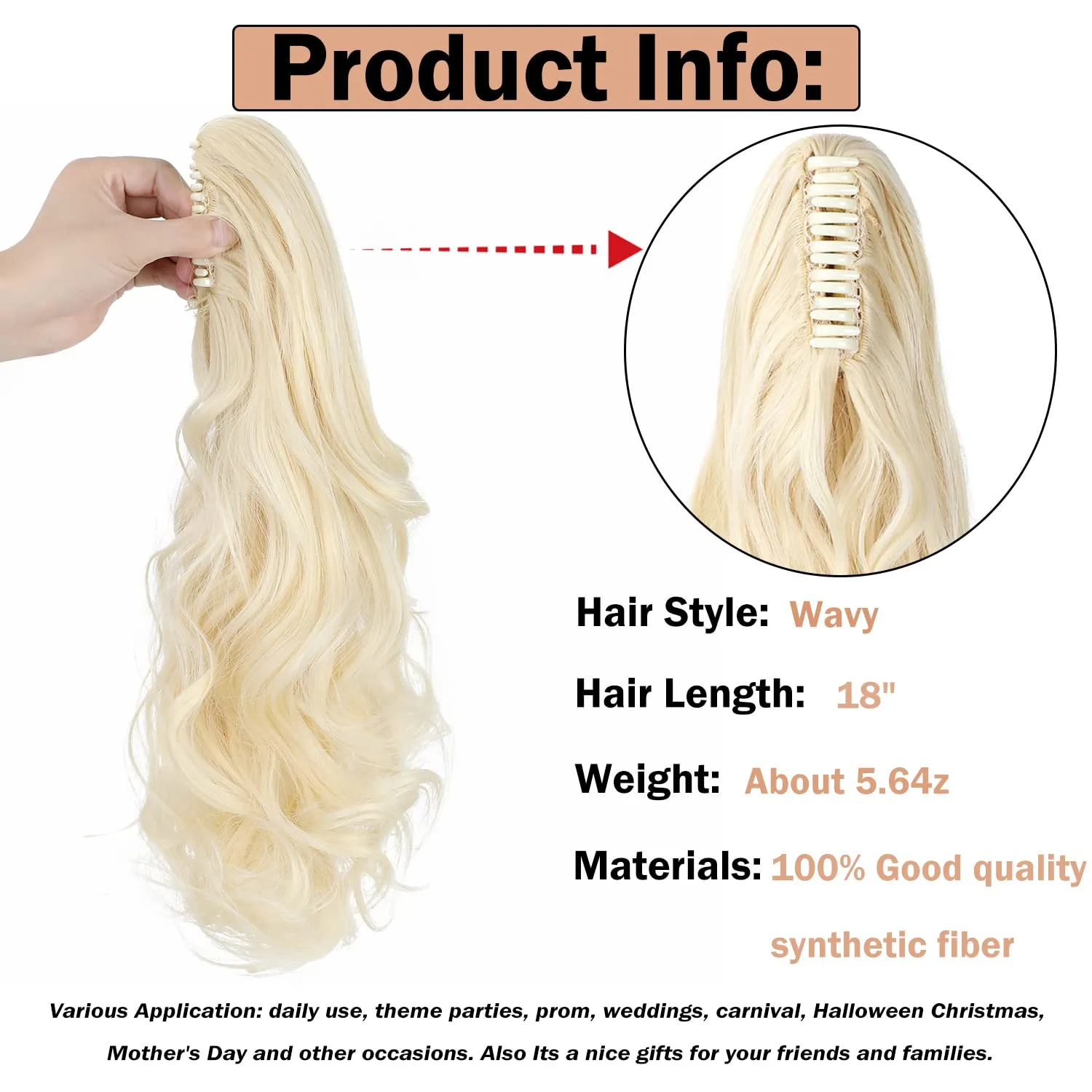 Claw Clip Ponytail Extension 18" Clip in Wavy Ponytail Hair Extensions Long Pony Tails for Women Extensions Bleach Blonde Wave Hairpiece