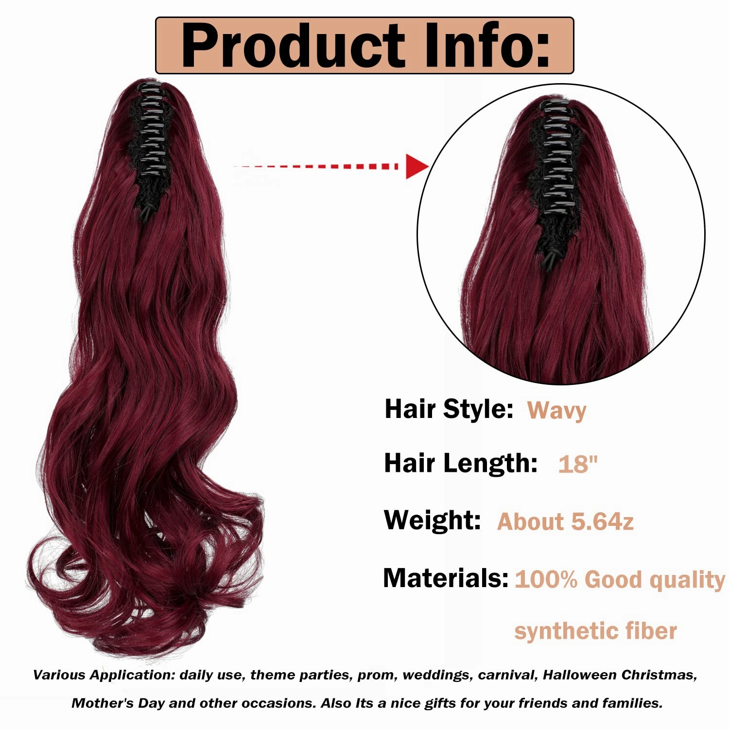 Claw Clip Ponytail Extension 18" Clip in Wavy Ponytail Hair Extensions Long Pony Tails for Women Extensions Wine Red Hairpiece