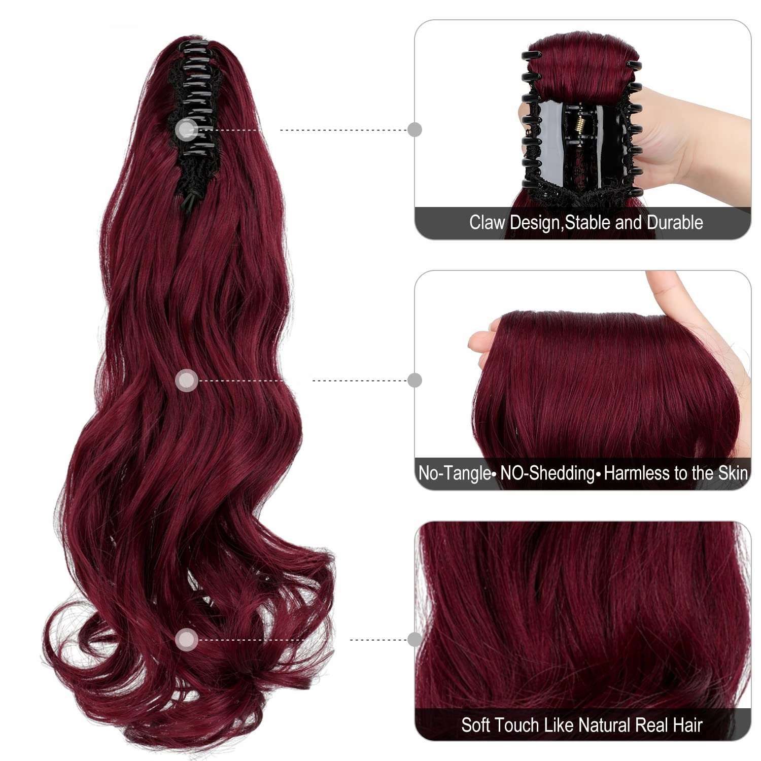 Claw Clip Ponytail Extension 18" Clip in Wavy Ponytail Hair Extensions Long Pony Tails for Women Extensions Wine Red Hairpiece