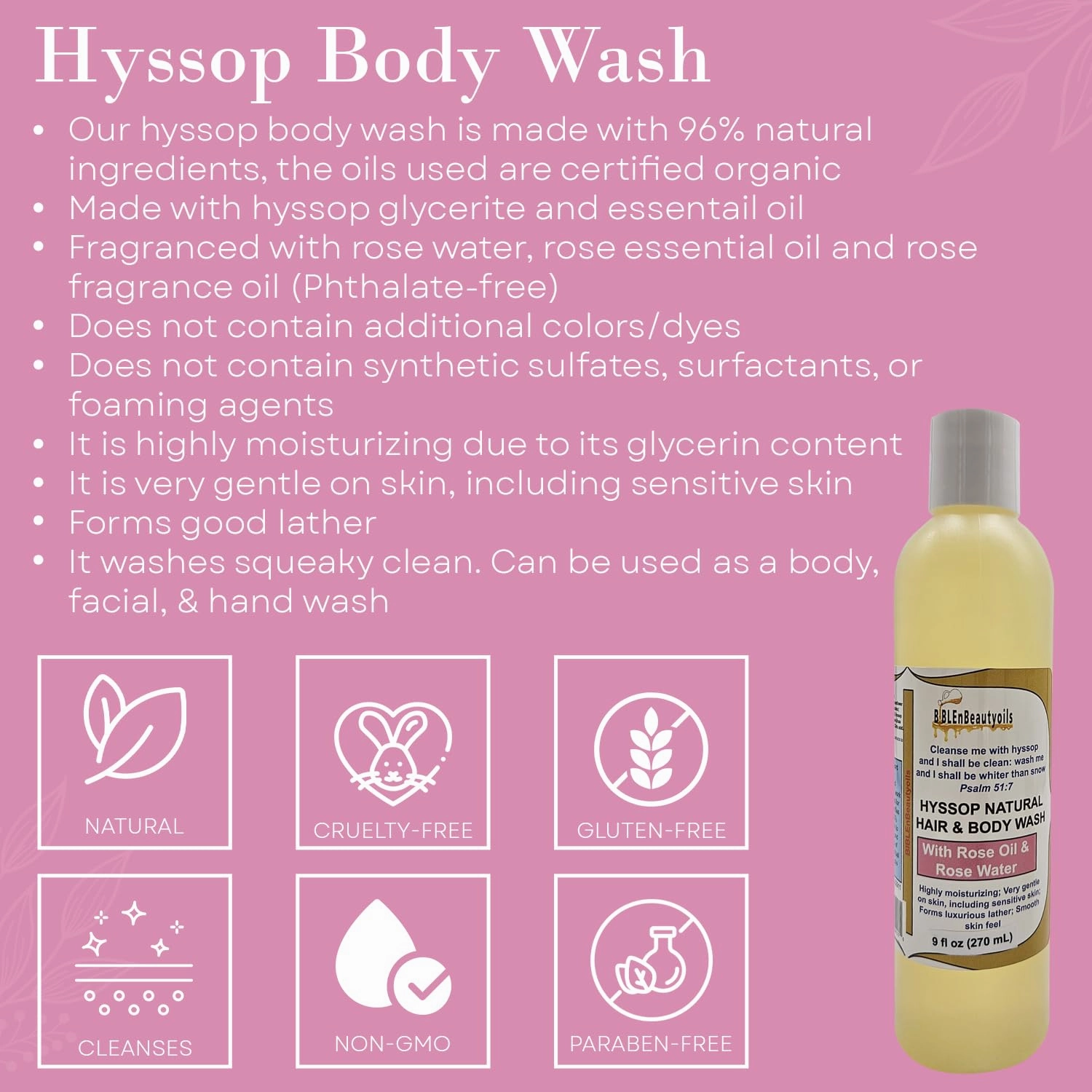 Cleanse Me With Hyssop Natural Hair and Body Wash, Organic Hyssop Infused Shampoo and Body Wash for Nourishing and Refreshing Hair & Body Cleansing (Rose)