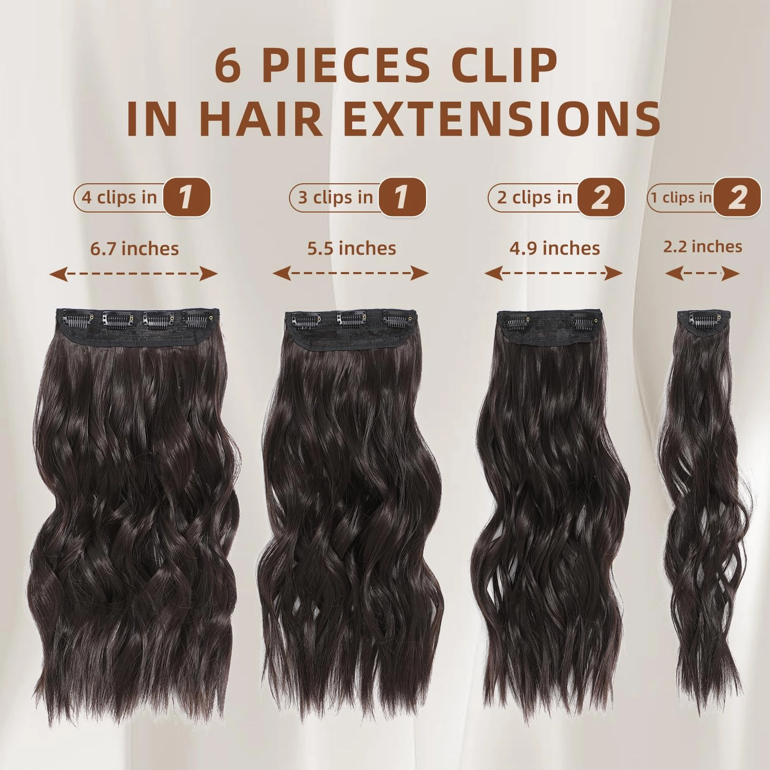 Clip in Hair Extensions, 6 PCS 1 6 Inch Hair Extensions Clip Ins, Dark Brown Long Wavy Hairpieces(16inch, 6pcs, Dark Brown)