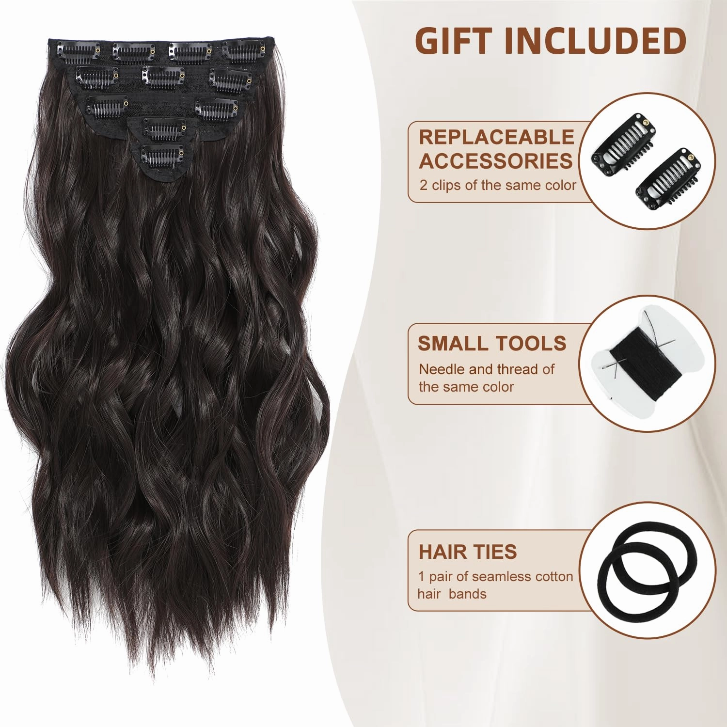 Clip in Hair Extensions, 6 PCS 1 6 Inch Hair Extensions Clip Ins, Dark Brown Long Wavy Hairpieces(16inch, 6pcs, Dark Brown)