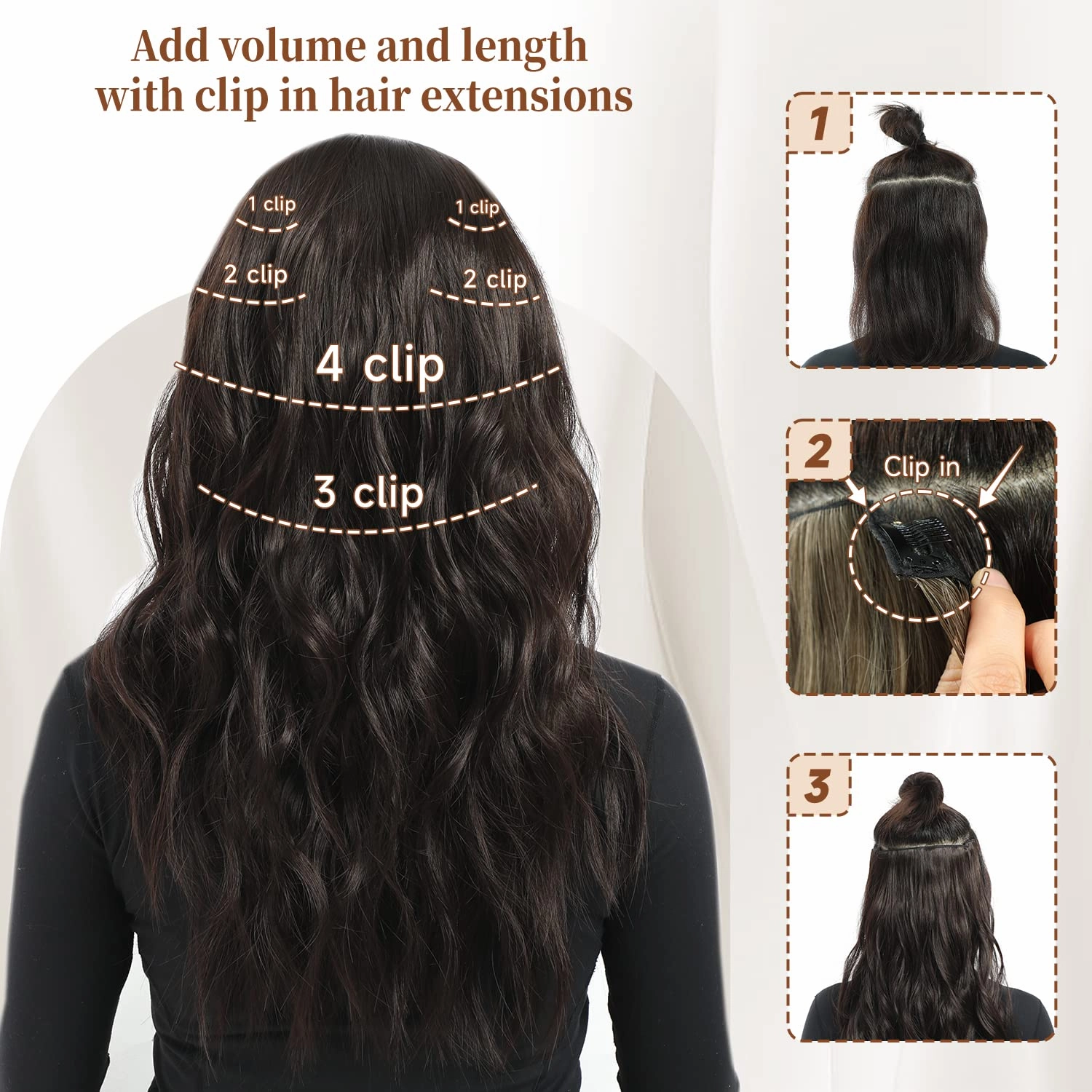 Clip in Hair Extensions, 6 PCS Natural & Soft Hair & Blends Well Hair Extensions, Dark Brown Long Wavy Hairpieces(20inch, 6pcs, Dark Brown)