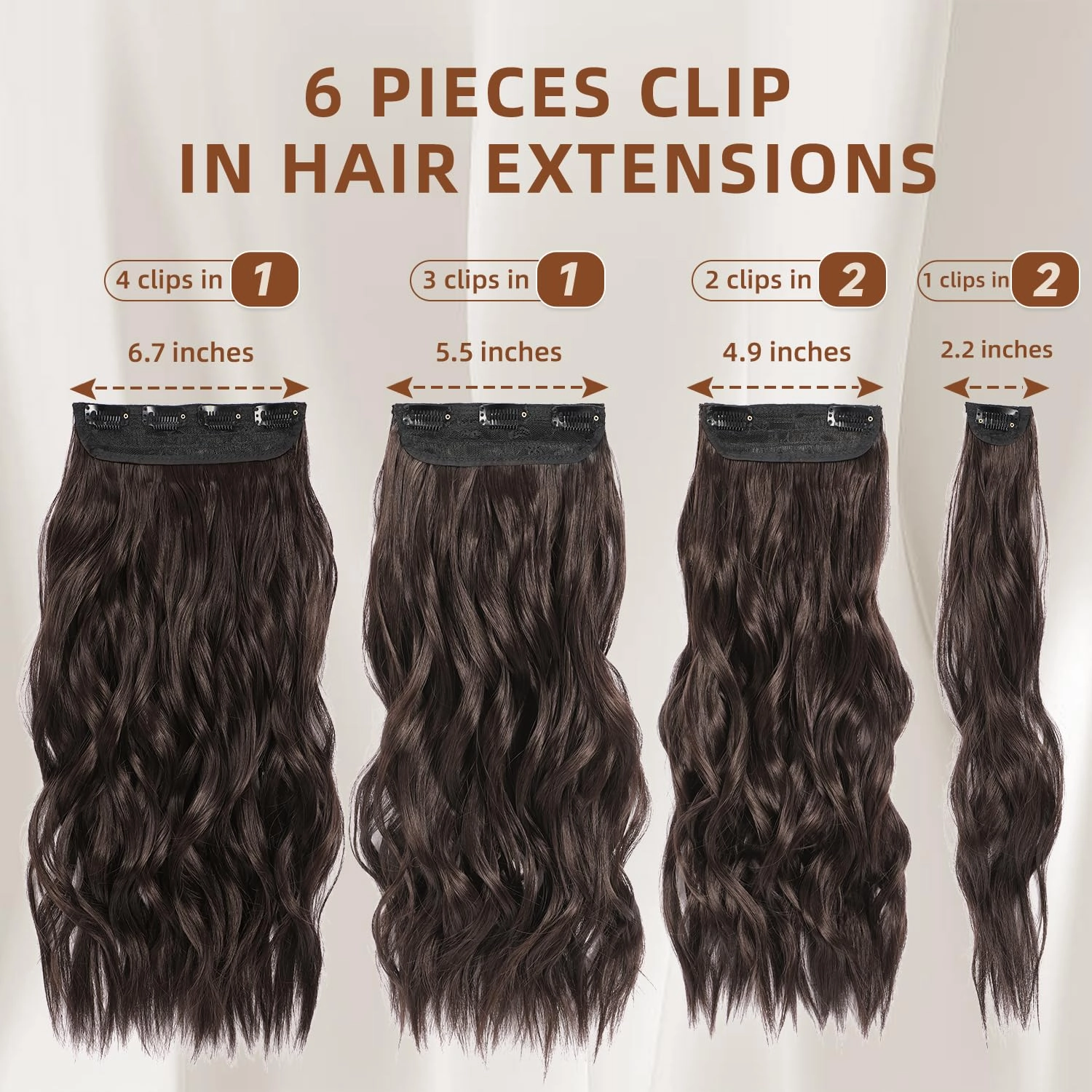 Clip in Hair Extensions, 6 PCS Natural & Soft Hair & Blends Well Hair Extensions, Dark Brown Long Wavy Hairpieces(20inch, 6pcs, Dark Brown)