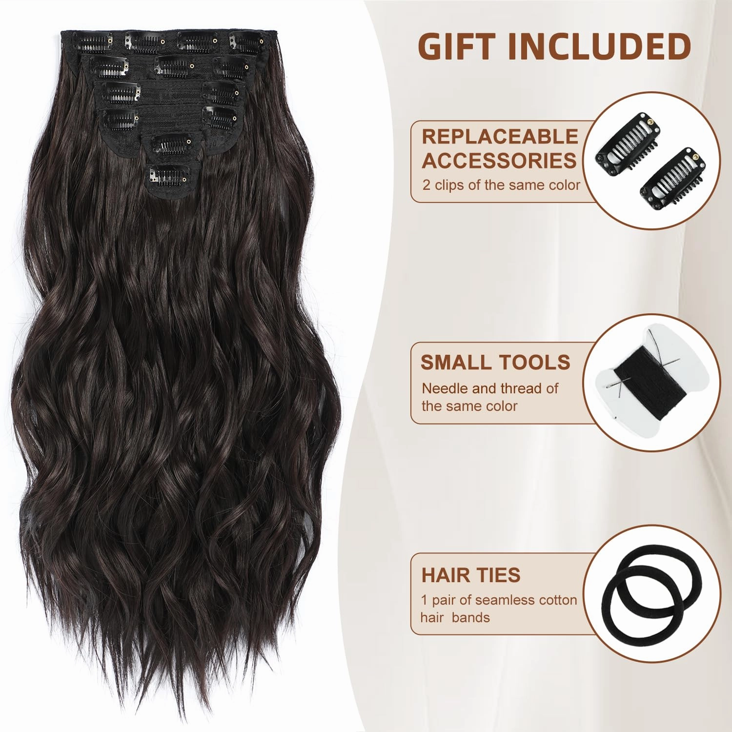 Clip in Hair Extensions, 6 PCS Natural & Soft Hair & Blends Well Hair Extensions, Dark Brown Long Wavy Hairpieces(20inch, 6pcs, Dark Brown)