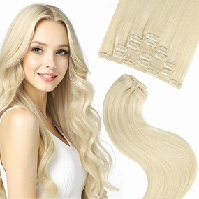 Clip in Hair Extensions Human Hair Platinum Blonde Remy Hair Extensions Double Weft Clip in 75g 7pcs 16 Inch Silky Straight Real Human Hair Extensions for Women