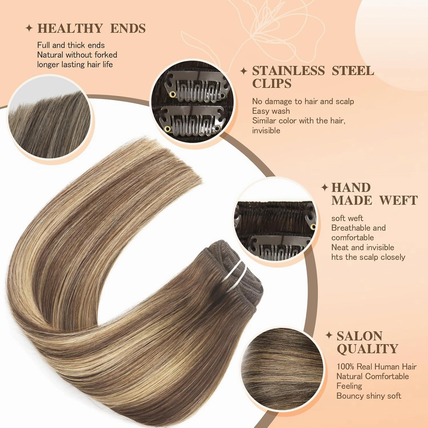 Clip in Hair Extensions Real Human Hair 12 Inch 55g 7pcs Balayage Chocolate Brown to Caramel Blonde Remy 100% Human Hair Straight Clip Ins for Women Invisible Clip on Hair Extensions