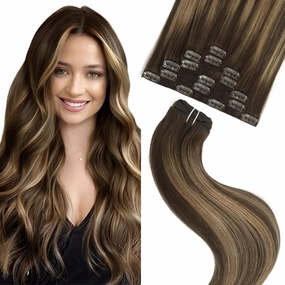 Clip in Hair Extensions Real Human Hair 12 Inch 55g 7pcs Balayage Chocolate Brown to Caramel Blonde Remy 100% Human Hair Straight Clip Ins for Women Invisible Clip on Hair Extensions