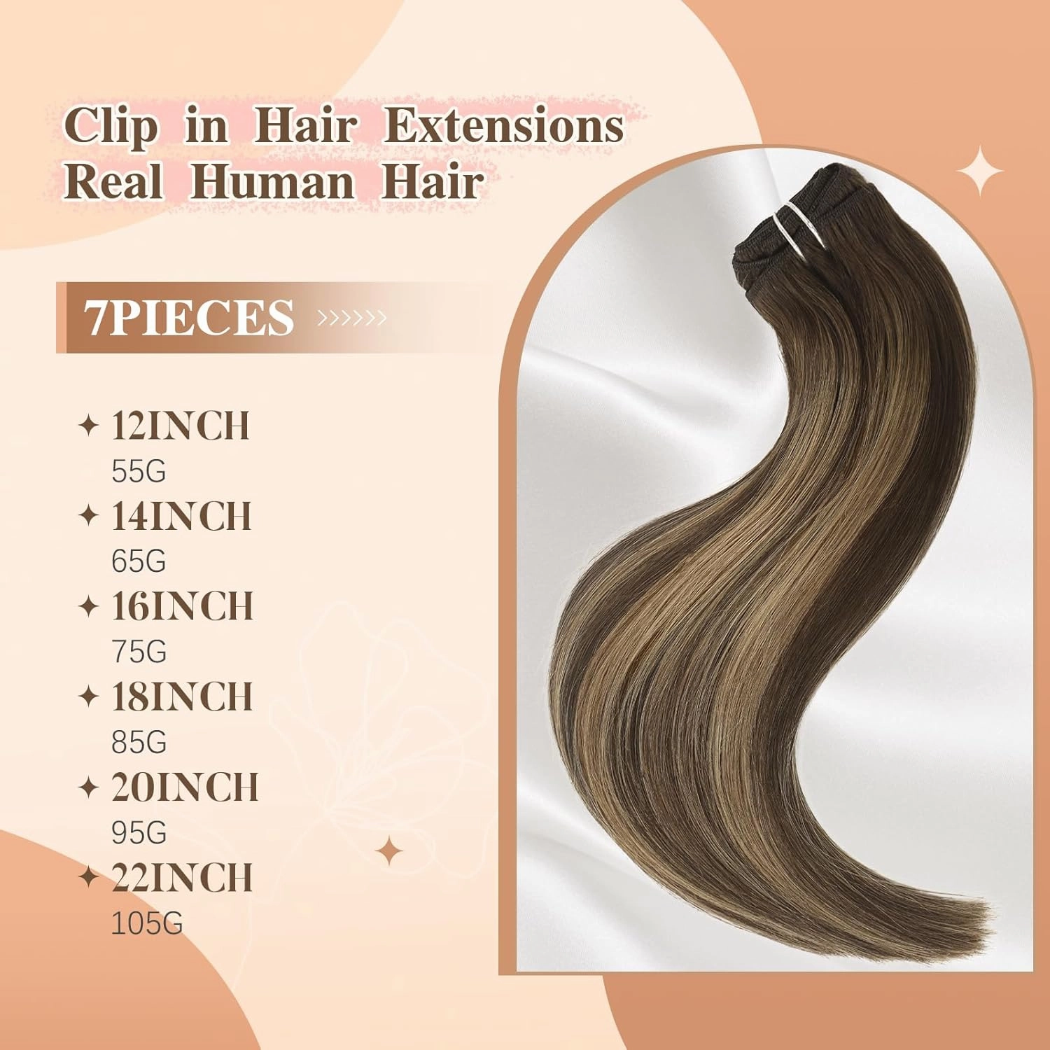 Clip in Hair Extensions Real Human Hair 12 Inch 55g 7pcs Balayage Chocolate Brown to Caramel Blonde Remy 100% Human Hair Straight Clip Ins for Women Invisible Clip on Hair Extensions