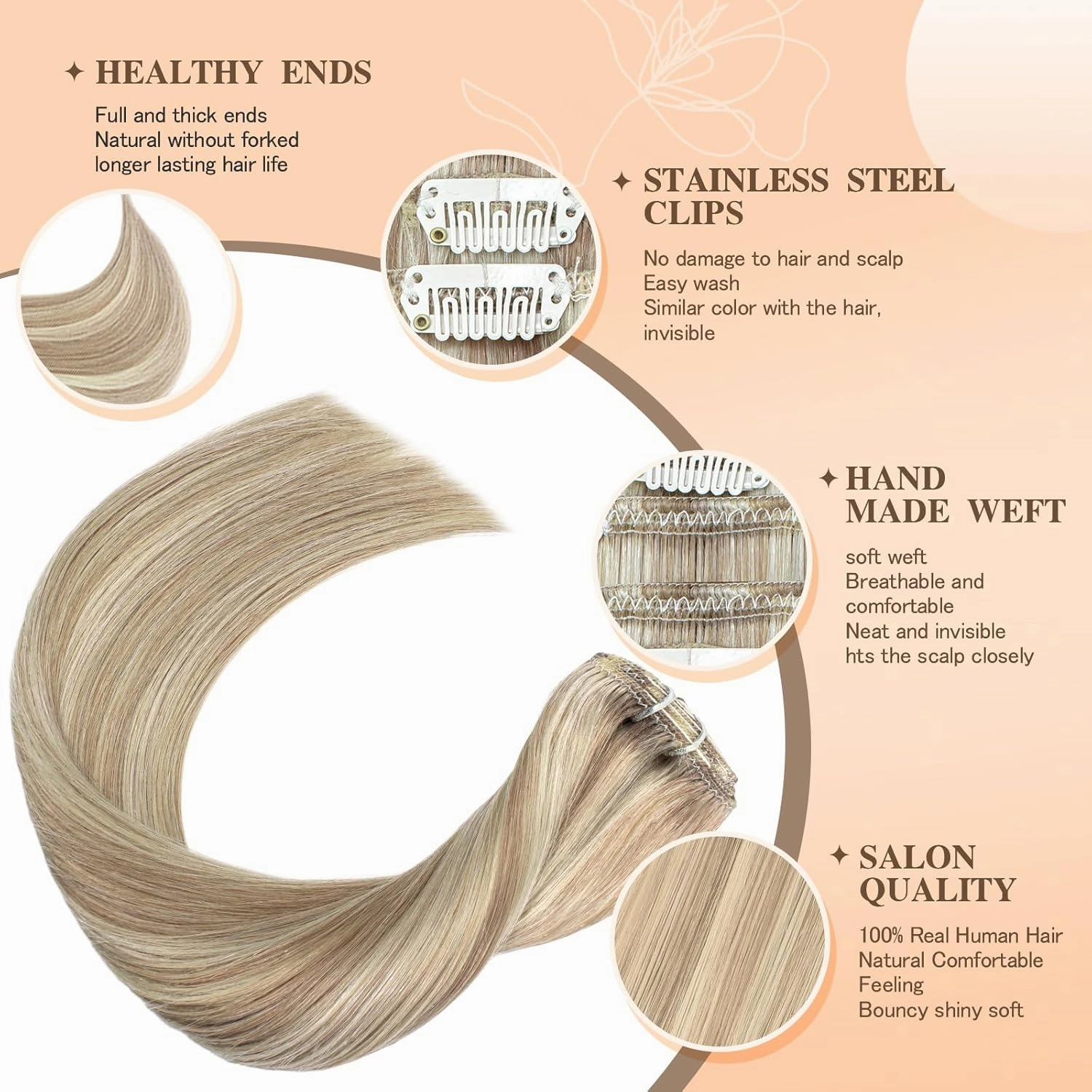Clip in Hair Extensions Real Human Hair Light Blonde Highlighted Golden Blonde Remy Human Hair Extensions blonde Clip in Hair Extensions for Women Double Weft Natural Hair 16 Inch 75g 7pcs