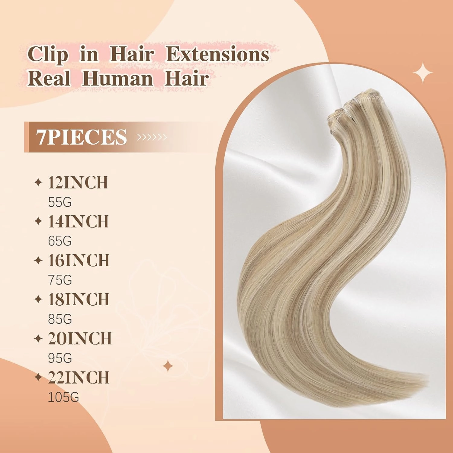 Clip in Hair Extensions Real Human Hair Light Blonde Highlighted Golden Blonde Remy Human Hair Extensions blonde Clip in Hair Extensions for Women Double Weft Natural Hair 16 Inch 75g 7pcs