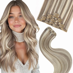 clip in human hair extensions Ash Brown Highlights Platinum Blonde 55g 7pcs 12 Inch Real Hair Extensions Natural Remy Hair Double Weft Thick Silky Straight Clip in Hair Extensions