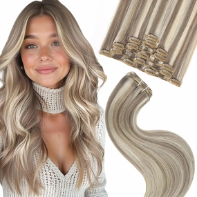 clip in human hair extensions Ash Brown Highlights Platinum Blonde 75g 7pcs 16 Inch Real Hair Extensions Natural Remy Hair Double Weft Thick Silky Straight Clip in Hair Extensions
