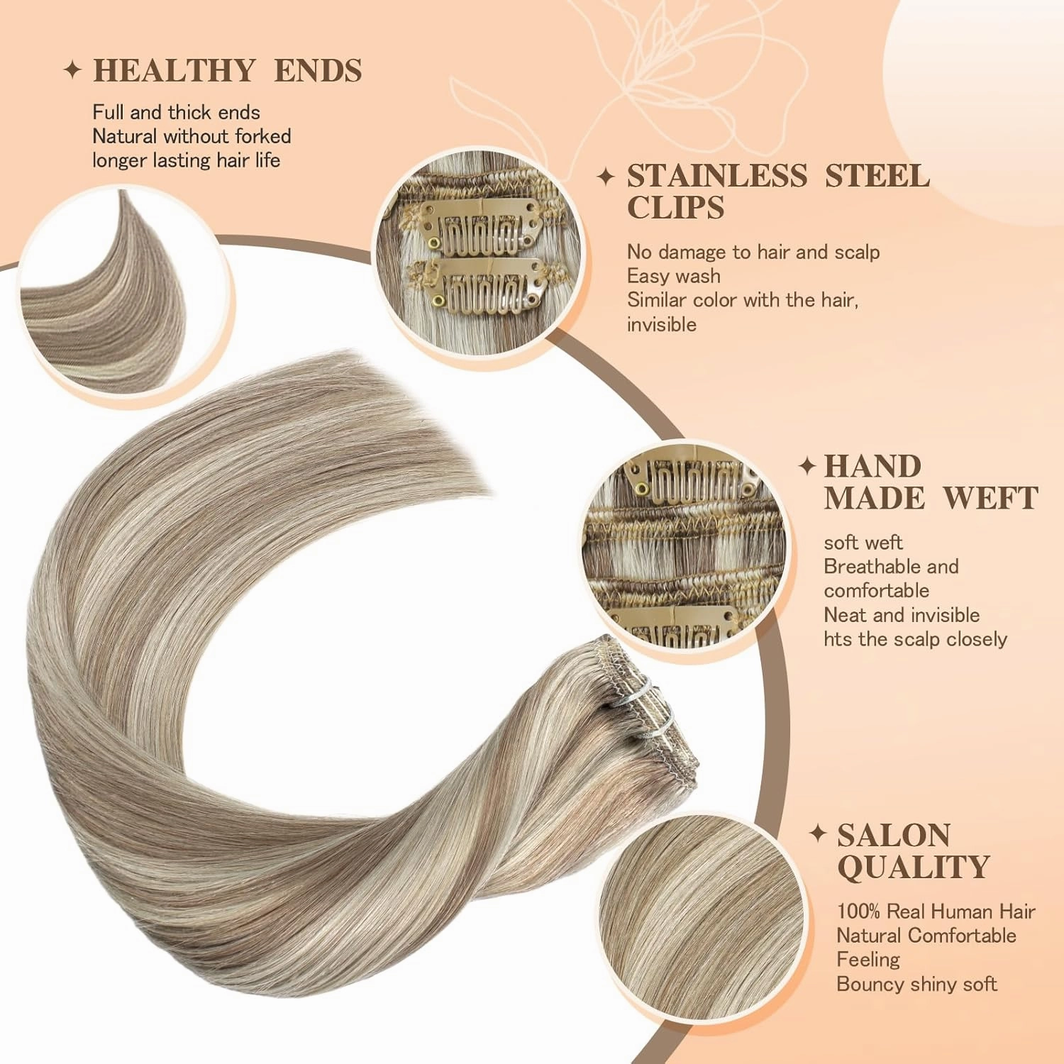 clip in human hair extensions Ash Brown Highlights Platinum Blonde 75g 7pcs 16 Inch Real Hair Extensions Natural Remy Hair Double Weft Thick Silky Straight Clip in Hair Extensions
