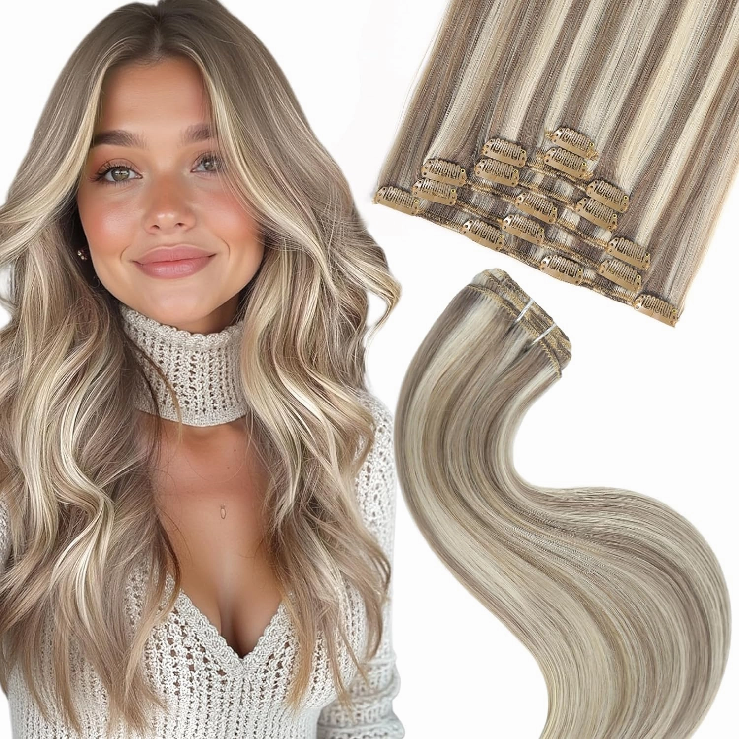 clip in human hair extensions Ash Brown Highlights Platinum Blonde 75g 7pcs 16 Inch Real Hair Extensions Natural Remy Hair Double Weft Thick Silky Straight Clip in Hair Extensions