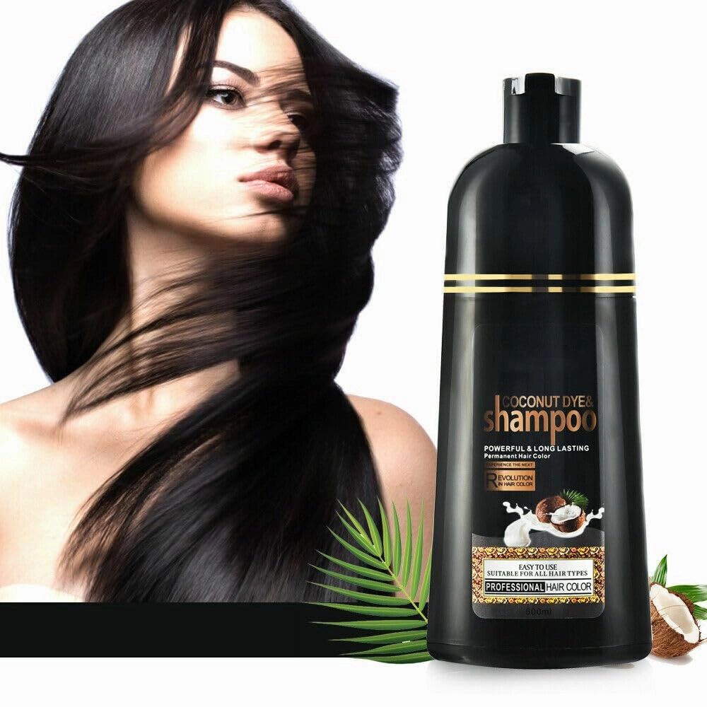 Coconut Hair Color Shampoo for Dark Hair - Instant Herbal Hair Dye 3 in 1 for Women & Men, 500ml. Easy to Use & Long Lasting (Black)