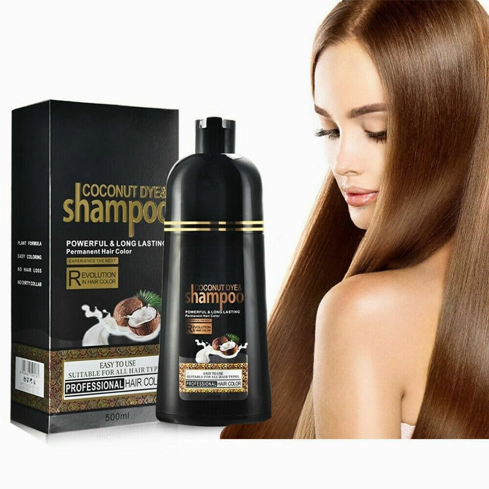 Coconut Hair Color Shampoo for Dark Hair - Instant Herbal Hair Dye 3 in 1 for Women & Men, 500ml. Easy to Use & Long Lasting (Black)